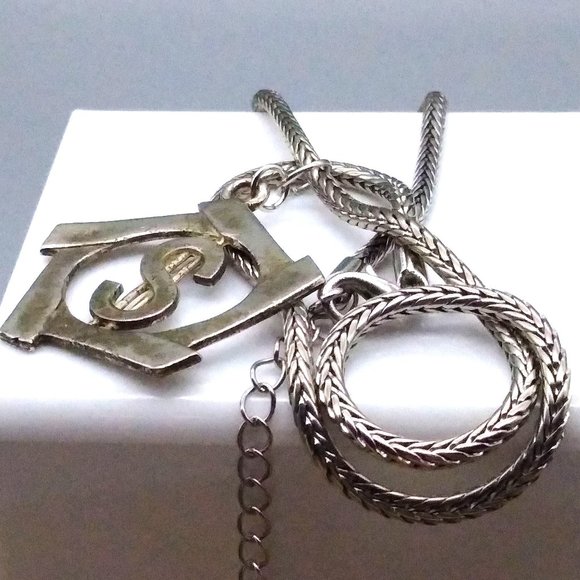 Distressed Vintage Dollar Sign Pendant Necklace, Fun Money on Silver Tone Chunky - Picture 4 of 4